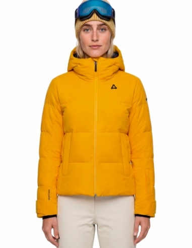 Modna kurtka narciarska puchowa damska Schöffel Lumineo, żółty, na modelu, przód